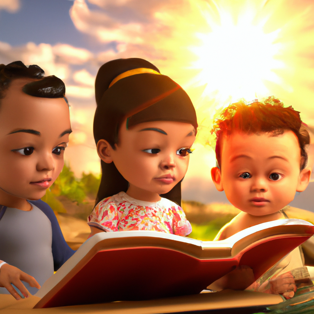 3 niños felices leyendo la biblia. La niña mayor Sara tiene 6 años, el segundo niño Pablo tiene 4 años y el menor Mateo tiene 2 años. Fondo paisaje con sol