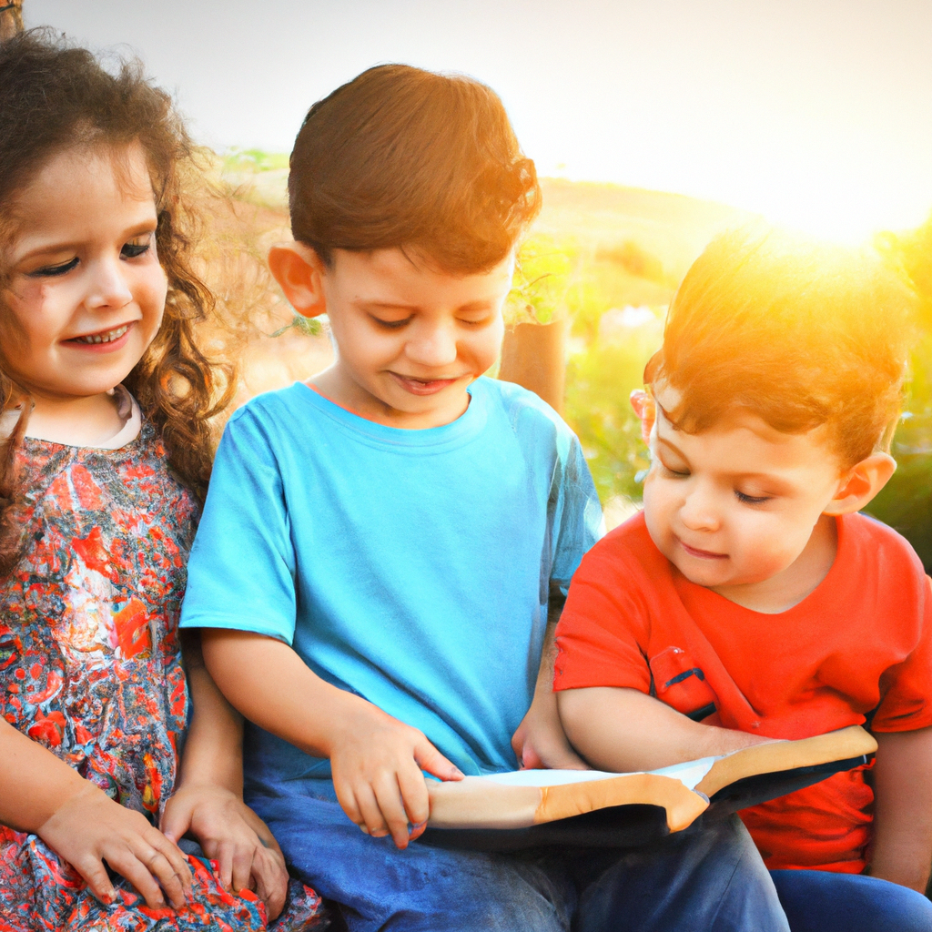 3 niños felices leyendo la biblia. La niña mayor Sara tiene 6 años, el segundo niño Pablo tiene 4 años y el menor Mateo tiene 2 años. Fondo paisaje con sol
